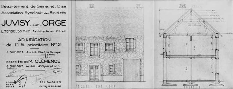 Elévation antérieure et coupe transversale de la maison de M. Clémence dressés par l'architecte Georges Dumont pour l'Association Syndicale des Sinistrés, 1948.