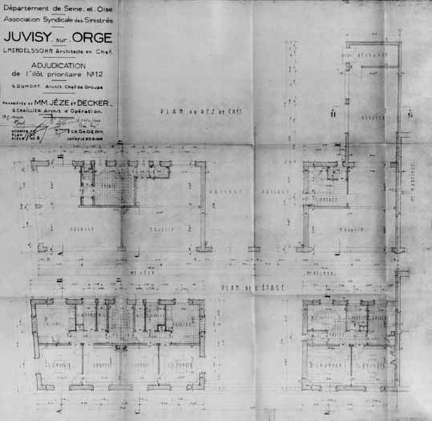 Plans du rez-de-chaussée et de l'étage des maisons de MM. Jèze et Decker dressés par l'architecte Georges Chailler pour l'Association Syndicale des Sinistrés.