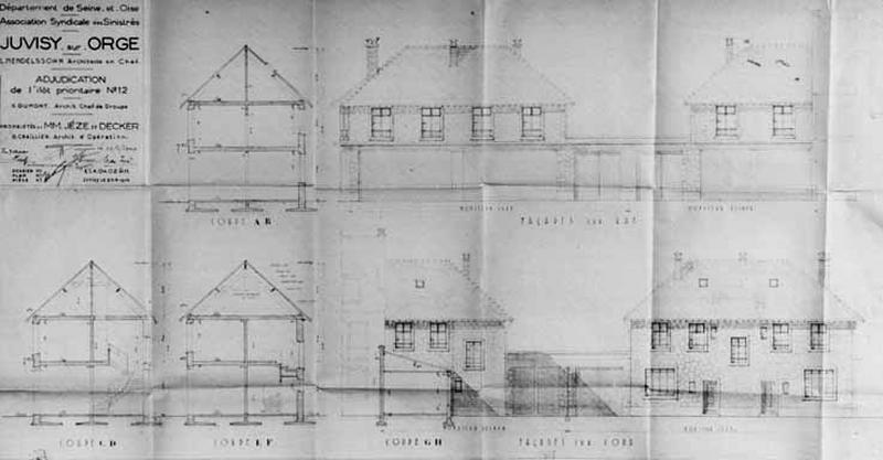 Elévations sur rue et sur cour, coupes transversales des maisons de MM. Jèze et Decker dressées par l'architecte Georges Chailler pour l'Association Syndicale des Sinistrés.