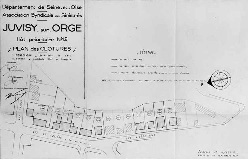 Plan des clôtures des maisons à reconstruire de l'ilôt 12 dressés par l'architecte Georges Dumont, architecte chef-de-groupe pour l'Association Syndicale des Sinistrés.