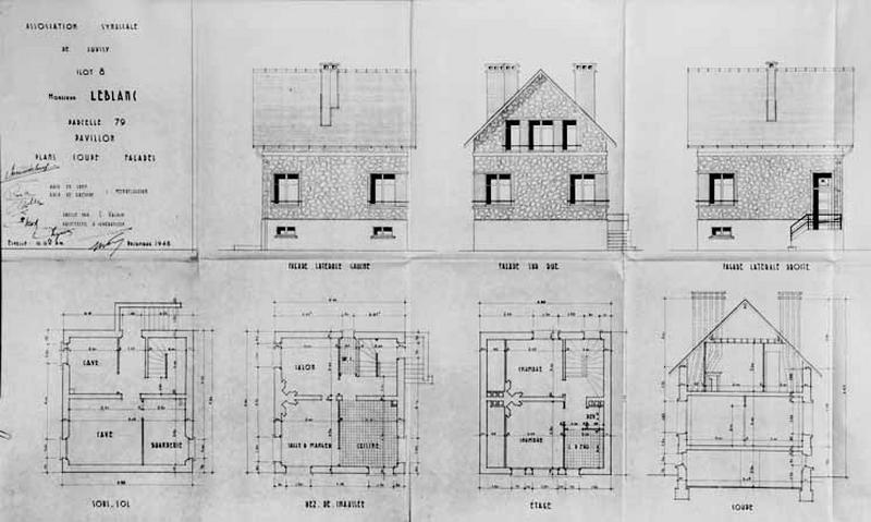 Plans du sous-sol, du rez-de-chaussée, de l'étage et du comble, élévations antérieure et latérales de la maisons à reconstruire de M. Leblanc, l'ilôt 8, dressés par l'architecte Eugène Valdin pour l'Association Syndicale des Sinistrés, 1948.