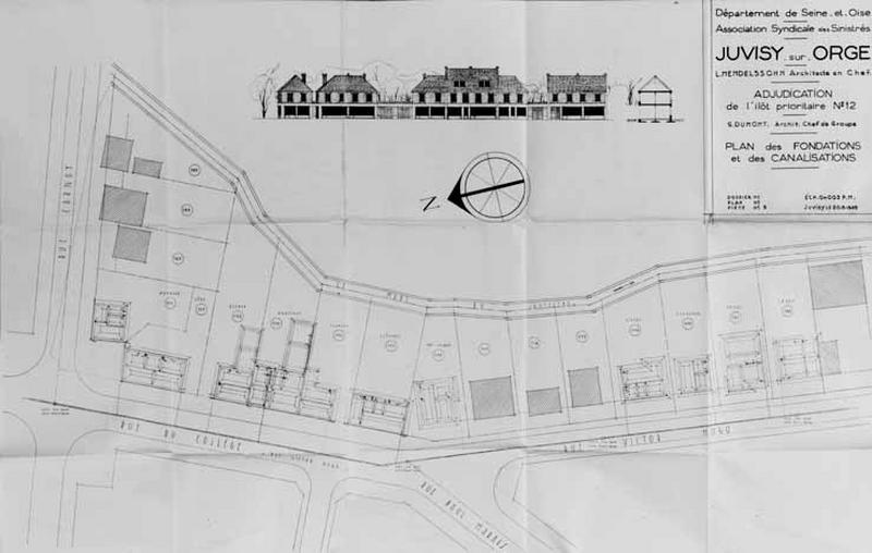 Plans des fondations et des canalisations et alignement des façades de la rue Victor-Hugo, ilôt 12, dressés par l'architecte G. Dumont, chef-de-groupe pour l'Association Syndicale des Sinistrés, 1948.