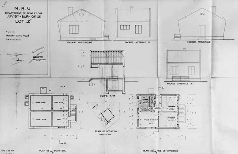 Plans des fondations et du rez-de-chaussée, coupe transversale et élévations de la maison de Madame Rozé, dressés par l'architecte Lionel Mirabaud, 1952.