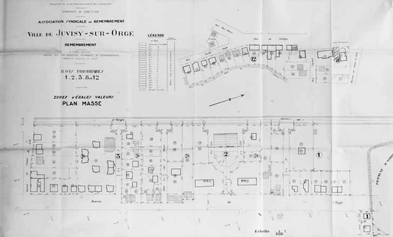 Plan de la zone centrale de Juvisy - ilôts 1, 2, 3, 8 et 12 -, zones d'égale valeur : plan dressé par les services techniques de remembrement, sous la dir. de L. Rabelle, géomètre-en-chef, pour l'Association Syndicale de Remembrement, s.d.