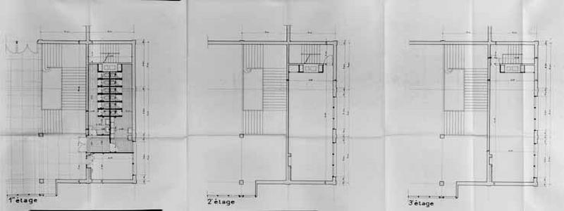 Salles et locaux annexes du bâtiment de la salle des fêtes : plans des 1er, 2ème et 3ème étages dressés par Louis Aubert, Eugène Valdin, Paul Ohnenwald, architectes-urbanistes de la commune agréés par le MRU, daté du 15 décembre 1954.