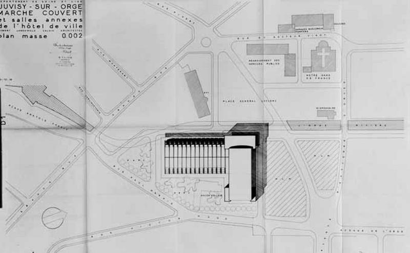 Plan masse de la halle-salle des fêtes projetée par les architectes Louis Aubert, Eugène Valdin et Paul Ohnenwald, daté de décembre 1953.