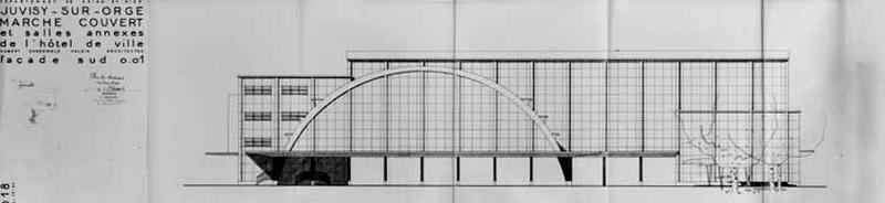 La halle et le bâtiment de la salle des fêtes : façade sud projetée, document signé par Louis Aubert, Eugène Valdin, Paul Ohnenwald, architectes-urbanistes de la commune agréés par le MRU, daté du 15 décembre 1954.