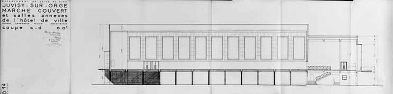 Coupe transversale sur la salle annexe de la salle des fêtes signée Louis Aubert, Eugène Valdin et Paul Ohnenwald, architectes agréés par la commune.