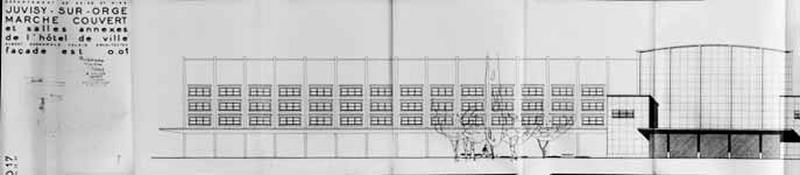 La halle et le bâtiment de la salle des fêtes : élévation de la façade est, signée par Louis Aubert, Eugène Valdin, Paul Ohnenwald, architectes-urbanistes de la commune agréés par le MRU, datée du 15 décembre 1954.