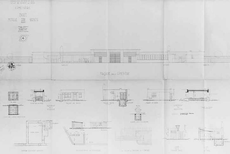 Elévations, plans et coupes de l'entrée, de la morgue et de la loge du gardien signés de l'architecte Georges Roehrich, 15 mars 1942.