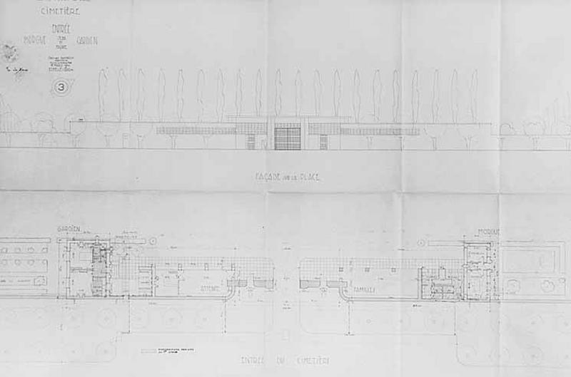 Elévation et plan des dispositions de l'entrée, avec salle d'attente et salon de réception des familles, signés de l'architecte Georges Roehrich, 15 mars 1942.