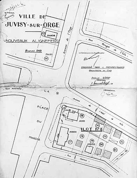 Plan des nouveaux alignements de l'ilôt 8 dessinés par L. Mendelssohn, architecte-en-chef de la reconstruction de Juvisy, en février 1949.