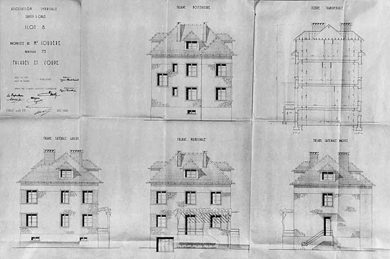 Elévation des quatre façades et coupe transversale de la maison de M. Coudère, signés de l'architecte Eugène Valdin, avril 1949, pour l'Association Syndicale de Reconstruction.