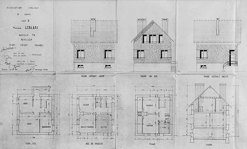 Elévation de trois façades, coupe transversale et plans du sous-sol, du rez-de-chaussée et de l'étage de la maison de M. Leblanc, signés de l'architecte Eugène Valdin, décembre 1948, pour l'Association Syndicale de Reconstruction.