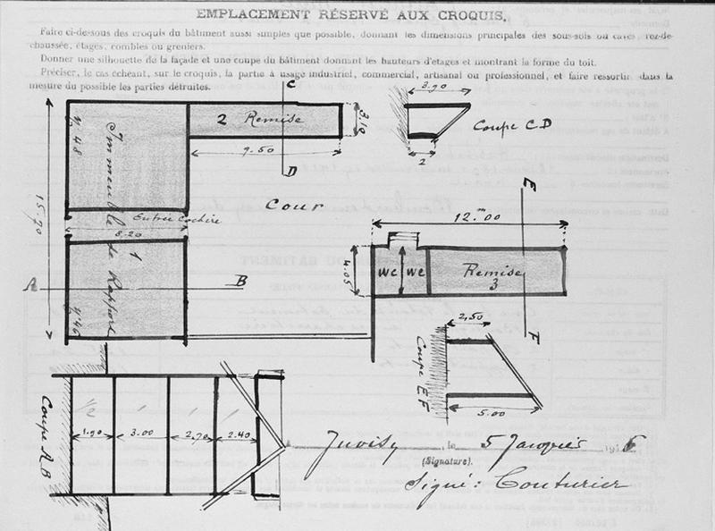 Immeuble de rapport situé 42-48 Grande-Rue : plans masses et profils de l'immeuble, de la remise et du lavoir dessinés par M. Couturier, datés de 1946, joints à la demande d'indemnisation et au dossier de reconstruction pour dommages de guerre.