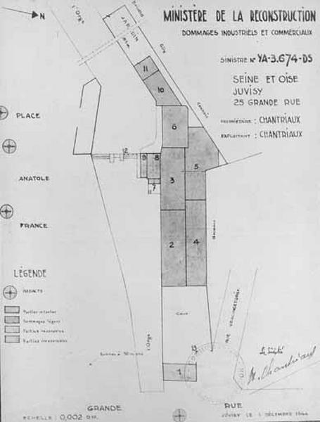 Plan masse des installations de la marbrerie mécanique bombardée illustrant le rapport joint à la demande d'indemnisation pour dommages de guerre et à la reconstruction prioritaire au titre des établissements industriels, commerciaux et agricoles.