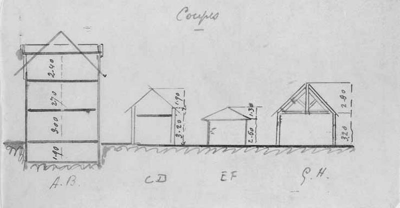 Immeuble de rapport situé 42-48 Grande-Rue : coupes transversales sur l'immeuble, la remise et le lavoir dessinées par M. Couturier, datés de 1946, jointes à la demande d'indemnisation et au dossier de reconstruction pour dommages de guerre.