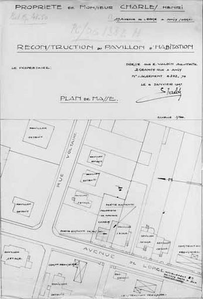 Maison de Henri Charles : plan de situation de la maison de Henri Charles dressé par l'architecte Eugène Valdin en 1947, joint au dossier de reconstruction pour dommages de guerre.