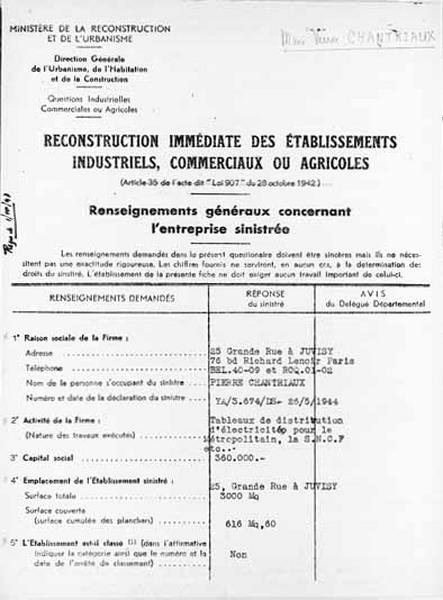 Formulaire d'information générale concernant l'entreprise sinistrée destiné à la demande d'indemnisation pour dommages de guerre et à la reconstruction prioritaire au titre des établissements industriels, commerciaux ou agricoles.