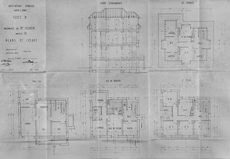 Plans du sous-sol, du rez-de-chaussée, de l'étage et du comble, coupe transversale de l'immeuble de M. Coudère dressés par l'architecte Eugène Valdin en 1949, joints au dossier de reconstruction pour dommages de guerre.