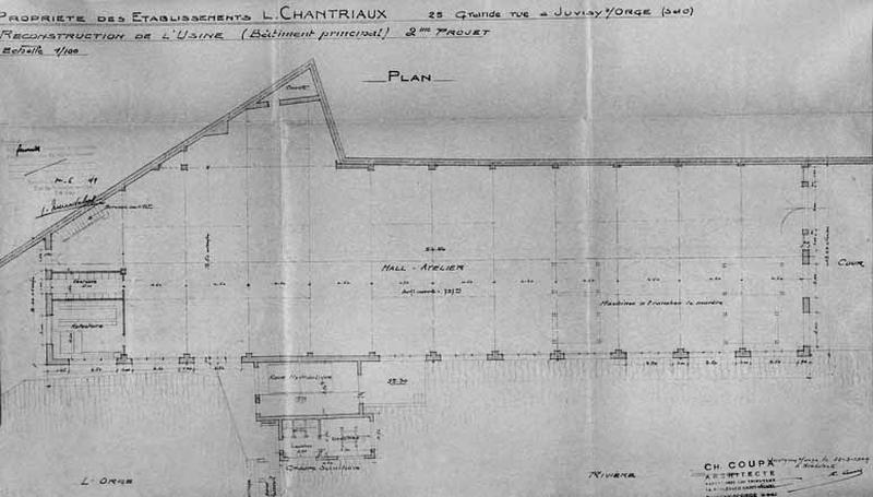 Plan signé de l'architecte Ch. Coupa du 2è projet de halle, bâtiment principal de l'entreprise de sciage et de polissage de marbres joint au dossier d'indemnisation pour dommages de guerre et au projet de reconstruction prioritaire au titre des établissements industriels, commerciaux ou agricoles.