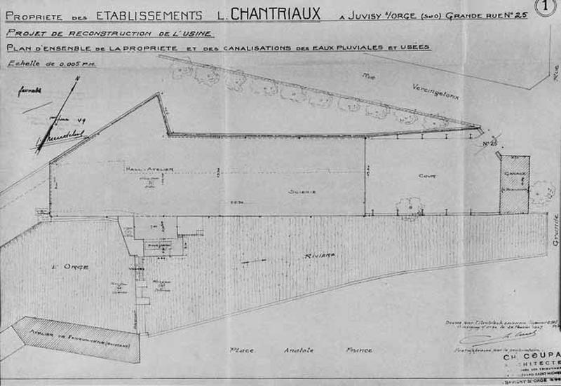 Plan signé de l'architecte Ch. Coupa, daté de 1949, de l'ensemble des bâtiments de l'entreprise de sciage et de polissage de marbres joint au dossier d'indemnisation pour dommages de guerre et au projet de reconstruction prioritaire au titre des établissements industriels, commerciaux ou agricoles.