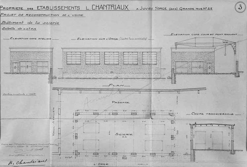 Plan, coupe transversale et élévations signés de l'architecte Ch. Coupa, du bâtiment de sciage des marbres joint au dossier d'indemnisation pour dommages de guerre et au projet de reconstruction prioritaire au titre des établissements industriels, commerciaux ou agricoles.