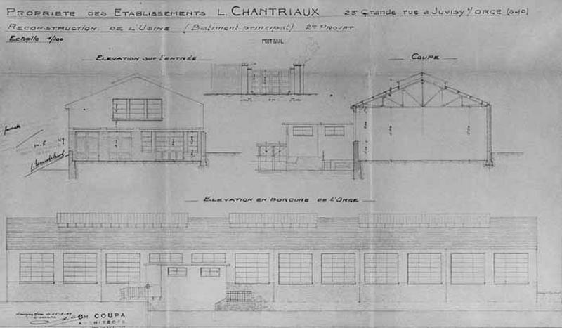 Plan, coupe transversale et élévations du bâtiment principal, signés de l'architecte Ch. Coupa, joints au dossier d'indemnisation pour dommages de guerre et au projet de reconstruction prioritaire au titre des établissements industriels, commerciaux ou agricoles.