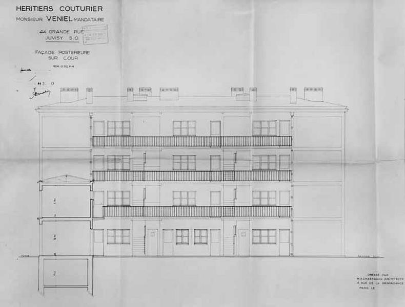 Immeuble de rapport à reconstruire 42-48 Grande-Rue : élévation postérieure sur cour dressée par l'architecte A. Chastagnol, datée de 1952, jointe à la demande d'indemnisation et au dossier de reconstruction pour dommages de guerre.