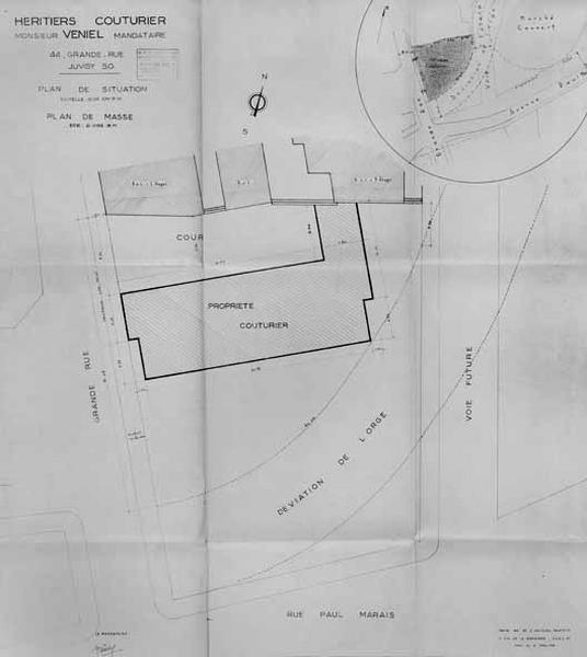 Immeuble de rapport à reconstruire 42-48 Grande-Rue : plan masse du bâtiment à reconstruire sur la parcelle de M. Couturier dressé par l'architecte A. Chastagnol, daté de 1952, joint à la demande d'indemnisation et au dossier de reconstruction pour dommages de guerre.