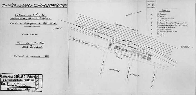 Plan de situation et plan masse de l'atelier de Juvisy-Electrification joint à la demande d'indemnisation et au dossier de reconstruction pour dommages de guerre.