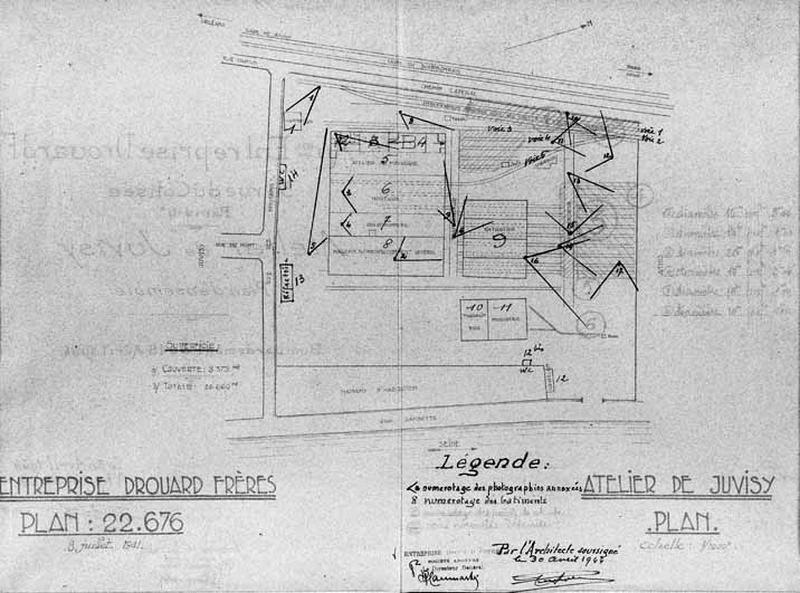 Plan masse de l'atelier de Juvisy-Electrification indiquant la situation des prises de vues effectuées pour illustrer et justifier la demande d'indemnisation et le dossier de reconstruction pour dommages de guerre.