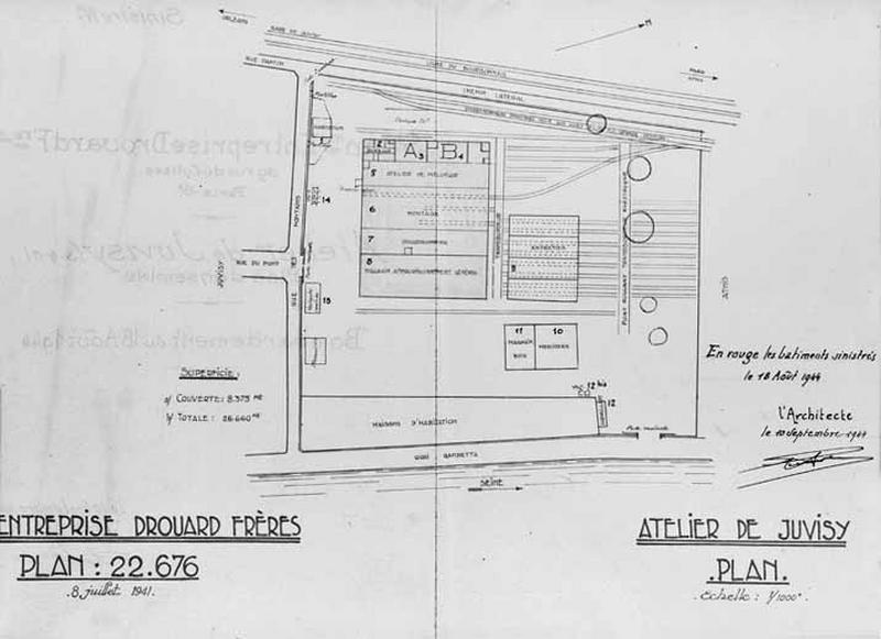 Plan masse de l'atelier de Juvisy-Electrification joint à la demande d'indemnisation et au dossier de reconstruction pour dommages de guerre.