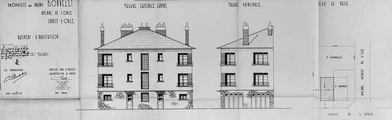 Plan masse, et élévations de l'immeuble Bondelet, joints à la demande d'indemnisation et au dossier de reconstruction pour dommages de guerre.