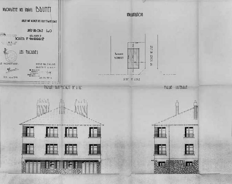 Plan masse, et élévations de l'immeuble Brunet, joints à la demande d'indemnisation et au dossier de reconstruction pour dommages de guerre.