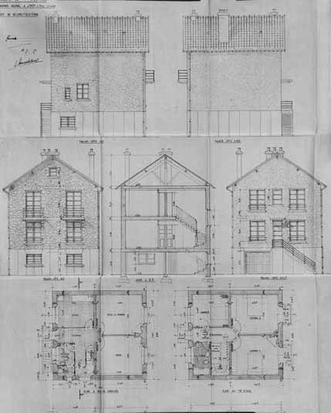 Plans, élévations et coupe transversale de la maison joints à la demande d'indemnisation et au dossier de reconstruction pour dommages de guerre.