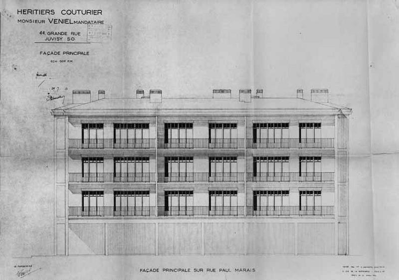 Immeuble de rapport à reconstruire 42-48 Grande-Rue : élévation antérieure sur la rue dressée par l'architecte A. Chastagnol, datée de 1952, jointe à la demande d'indemnisation et au dossier de reconstruction pour dommages de guerre.