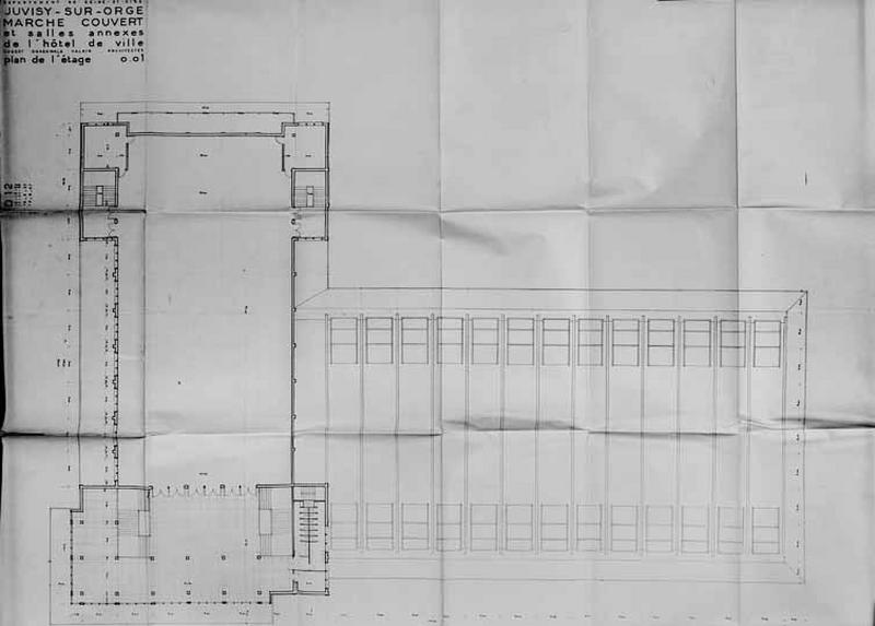 Plan de l'étage de la halle et du bâtiment de la salle des fêtes signé Louis Aubert, Eugène Valdin et Paul Ohnenwald, architectes agréés par la commune.