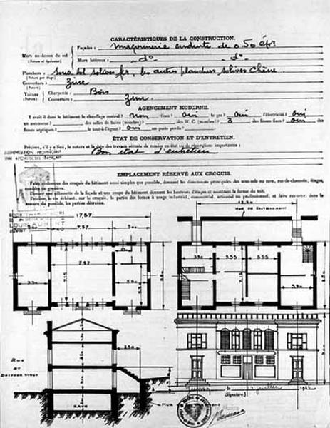 Plans, coupe transversale et élévation du dispensaire, du côté de la rue du Dr Vinot, dressés par L. Aubert, architecte de la ville, le 14 juillet 1946 et joints à l' 'Etat descriptif du bâtiment totalement détruit' destiné au Commissariat à la Reconstruction.