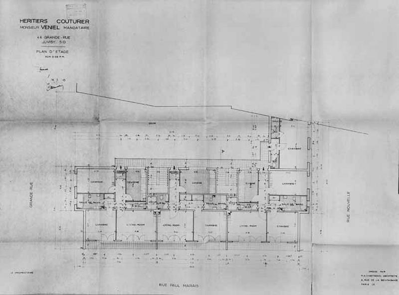 Immeuble de rapport à reconstruire 42-48 Grande-Rue : plan d'étage du bâtiment à reconstruire sur la parcelle de M. Couturier dressé par l'architecte A. Chastagnol, daté de 1952, joint à la demande d'indemnisation et au dossier de reconstruction pour dommages de guerre.