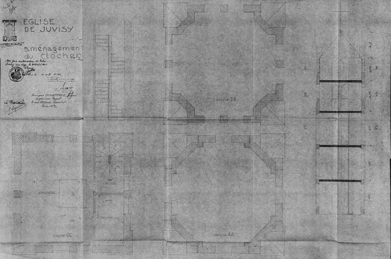 Coupe transversale de la tour du clocher et plans de plusieurs niveaux : projet non daté dressé par Georges Schaffner, ingénieur conseil et Louis Aubert, architecte (circa 1953).