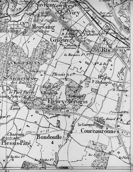 Extrait de la carte de l'Etat-Major concernant les communes de Viry-Chatillon, Ris-Orangis, Morsang-sur-Orge, Grigny, Savigny-syr-Orge, Fleury-Mérogis, Bondoufle, Courcouronnes, vers 1890.