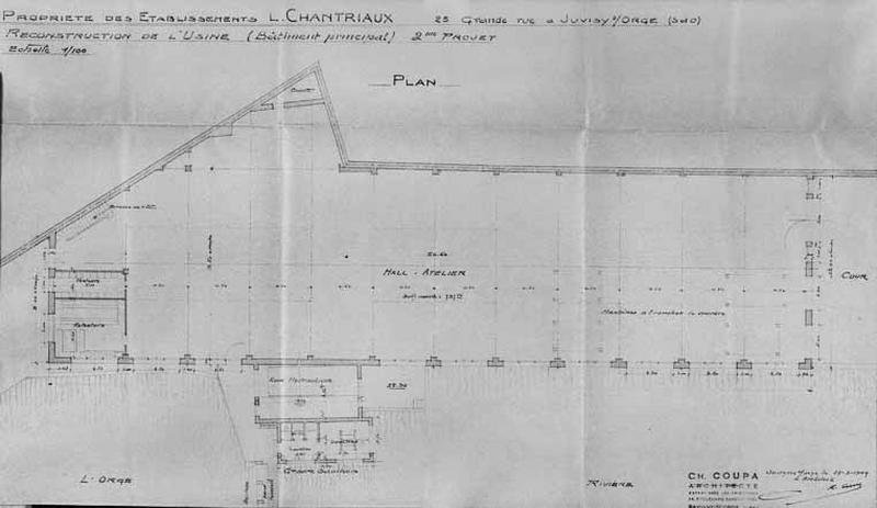 Plan (2è projet) signé de l'architecte Ch. Coupa du bâtiment principal de l'entreprise de sciage et de polissage de marbre à reconstruire joint au dossier d'indemnisation pour dommages de guerre et au projet de reconstruction prioritaire au titre des établissements industriels, commerciaux ou agricoles.