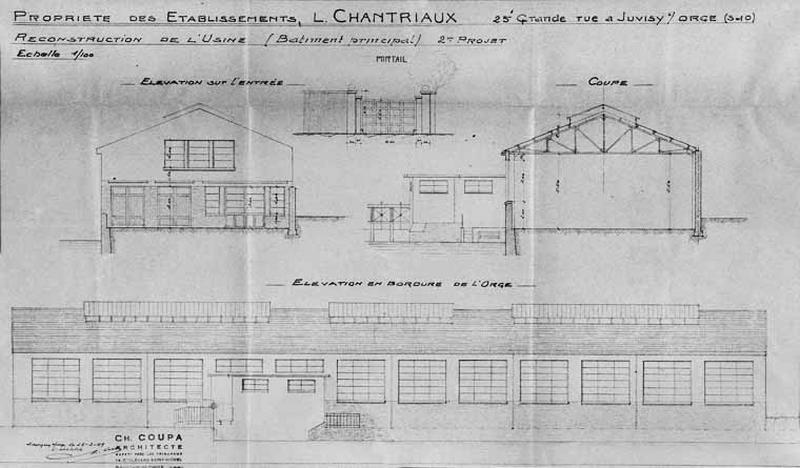 Elévations principale et latérales (2è projet) signées de l'architecte Ch. Coupa du bâtiment principal de l'entreprise de sciage et de polissage de marbre à reconstruire joint au dossier d'indemnisation pour dommages de guerre et au projet de reconstruction prioritaire au titre des établissements industriels, commerciaux ou agricoles.