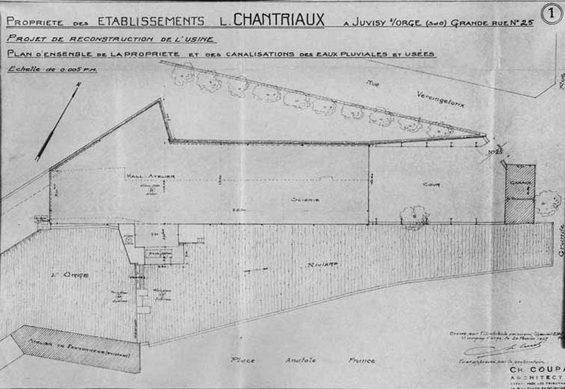 Plan d'ensemble des installations de l'entreprise de sciage et de polissage de marbre à reconstruire joint au dossier d'indemnisation pour dommages de guerre et au projet de reconstruction prioritaire au titre des établissements industriels, commerciaux ou agricoles.