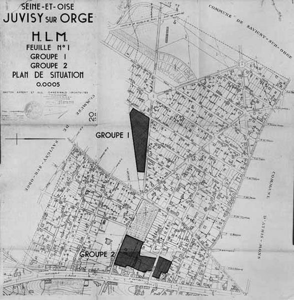 Plan de situation des groupes H.L.M. prévus sur les terrains de compensation par le Plan de Reconstruction et d'Aménagement de Juvisy dans le cadre de la reconstruction de la ville, vers 1950.