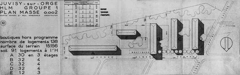 Plan masse des immeubles du groupe H.L.M. n°1 prévu sur un terrain de compensation situé sur le plateau par le Plan de Reconstruction et d'Aménagement de Juvisy, 25 octobre 1955.