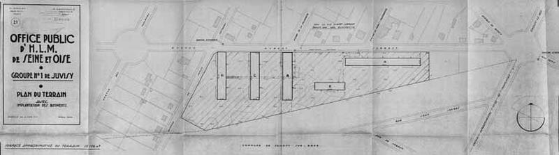 Plan de situation des immeubles du groupe H.L.M. n°1 prévu sur un terrain de compensation situé sur le plateau par le Plan de Reconstruction et d'Aménagement de Juvisy, avril 1954.