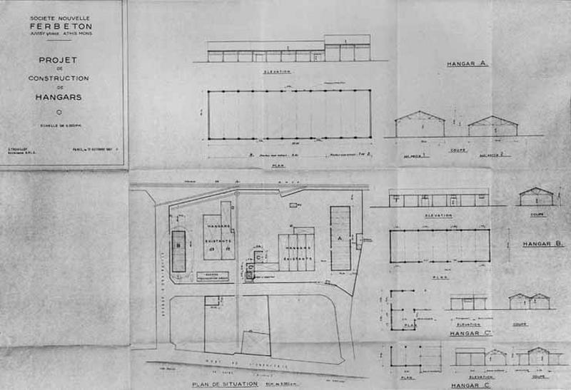 Société nouvelle Ferbéton : projet de construction de hangars entre gare et Seine : plans, coupes et élévations dressés par l'architecte G. Trouillot, vers 1950.