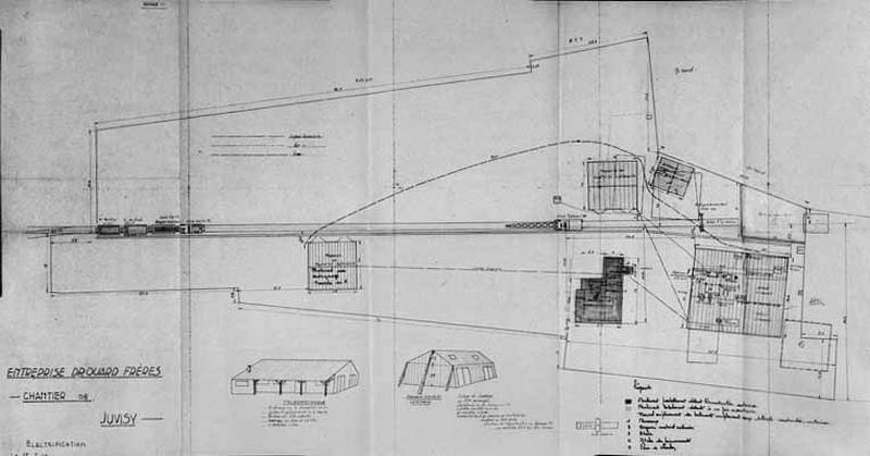 Plan d'ensemble des installations et élévations de l'atelier de Juvisy-Electrification de l'entreprise Drouard Frères dressés pour illustrer et justifier la demande d'indemnisation et le dossier de reconstruction pour dommages de guerre.